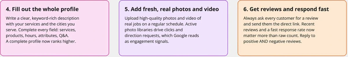 Board notes for tips four to six: fill out the whole profile, add fresh real photos and video, get reviews and respond fast