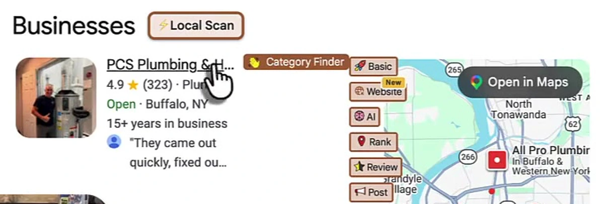 Google results for plumber in Buffalo with GMB Everywhere overlay chips showing Category Finder, Basic, Website, AI, Rank, Review and Post on a listing