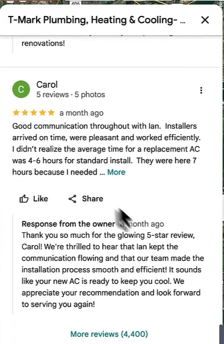 A customer review on a Buffalo plumbing profile with a same-month response from the owner thanking the customer by name and recapping the AC installation