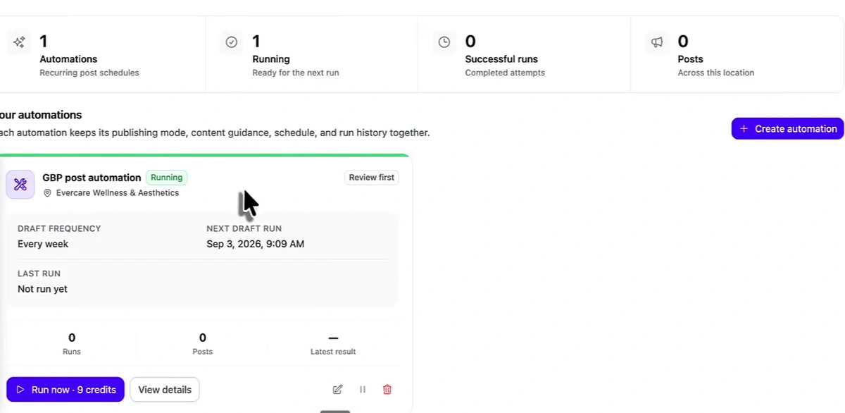 Arvow dashboard showing a Google Business Profile post automation set to weekly drafts with review-first mode, next run scheduled, not yet run