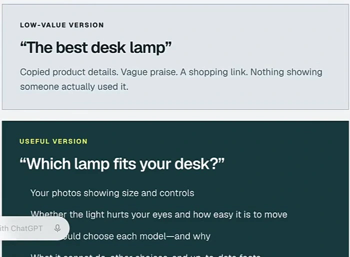 Comparison card: low-value version titled The best desk lamp with copied product details versus useful version titled Which lamp fits your desk with real photos and honest criteria