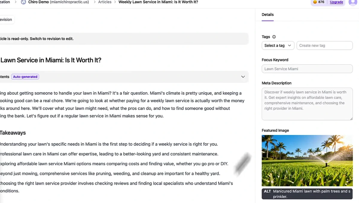 Arvow article editor on a demo organization showing a lawn service article with focus keyword, meta description, featured image and alt text fields