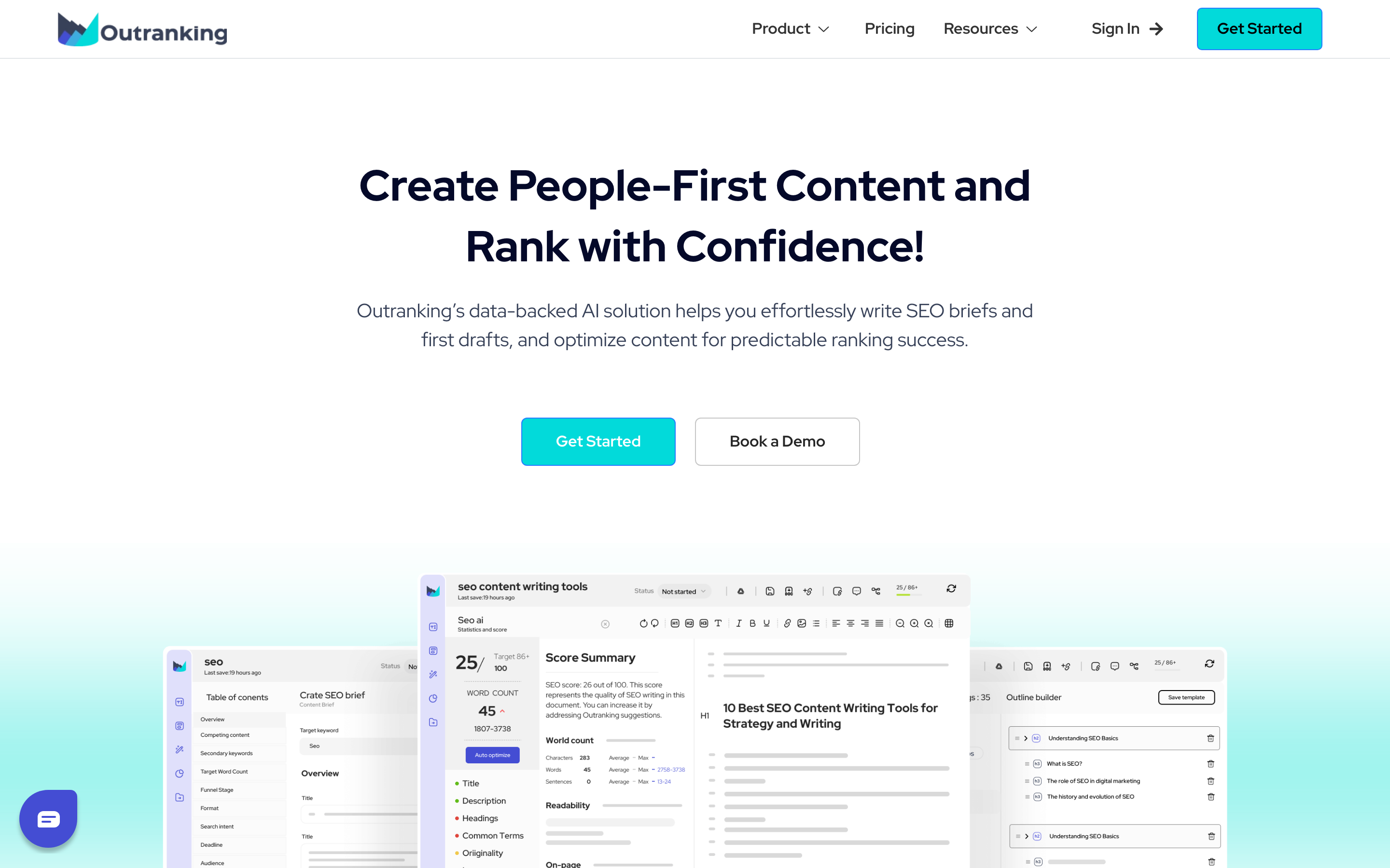 Outranking homepage showing AI drafting workflow and value proposition for SEO content teams