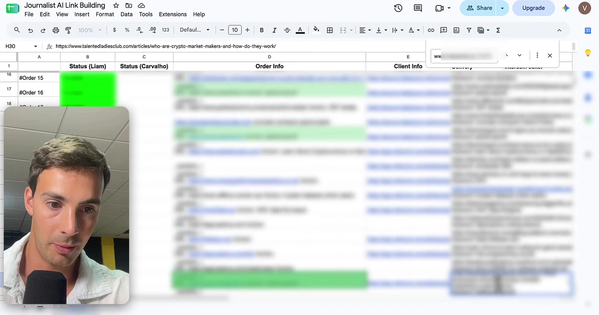 Google Sheet order tracker for the link building operation with status columns for two team members, order info, client info, delivery and Intercom ticket columns