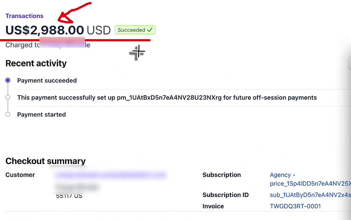 Stripe transaction view showing a succeeded US$2,988 payment for a yearly Agency subscription