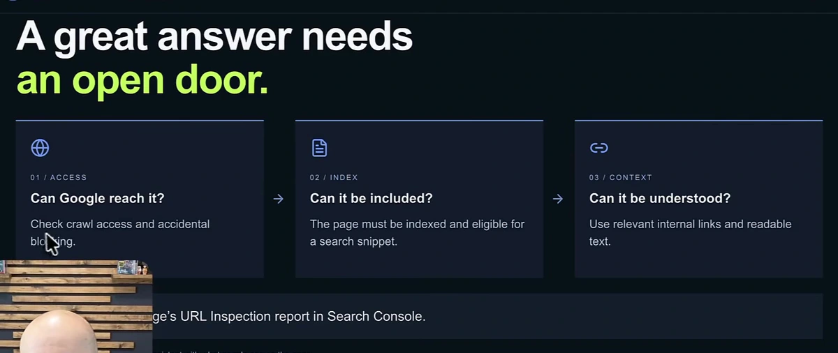 Three checks: can Google reach it, checking crawl access and accidental blocking; can it be included, the page must be indexed and snippet-eligible; can it be understood, using internal links and readable text