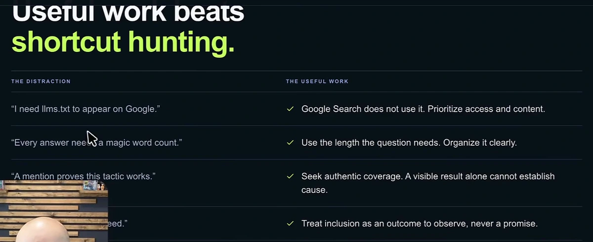 Distraction versus useful work table: llms.txt is not used by Google Search, no magic word count exists, a mention alone cannot establish cause, AI citations are never guaranteed