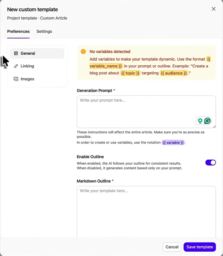 Arvow new custom template modal with a generation prompt field, variable notation using double curly braces, an enable outline toggle and a markdown outline field