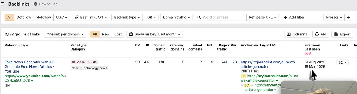 Ahrefs backlinks report showing first seen and last seen dates for referring pages, illustrating that third-party tools discover links weeks after they are built
