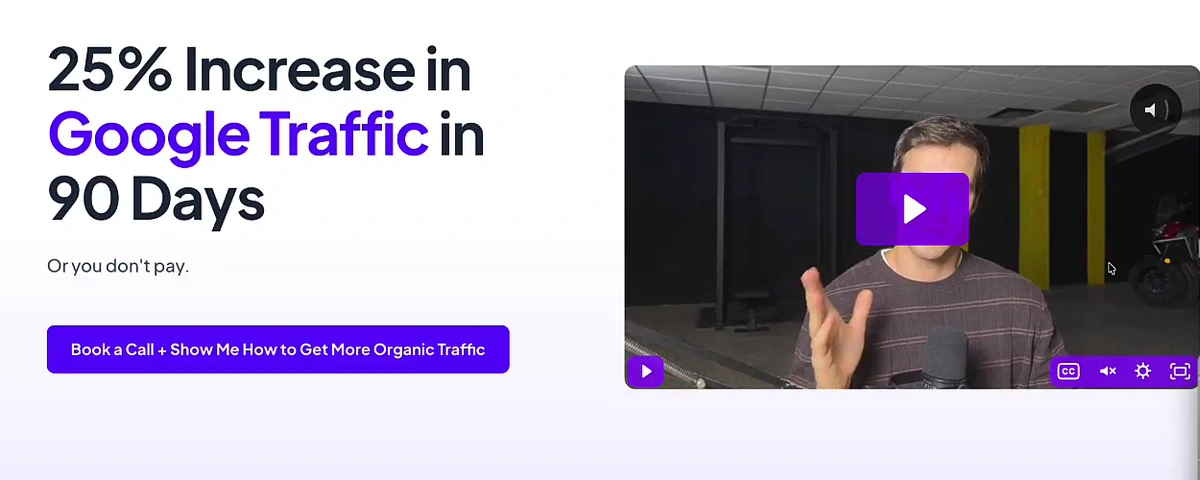 Arvow full service SEO page promising a 25 percent increase in Google traffic in 90 days or you don't pay, with a booking call to action