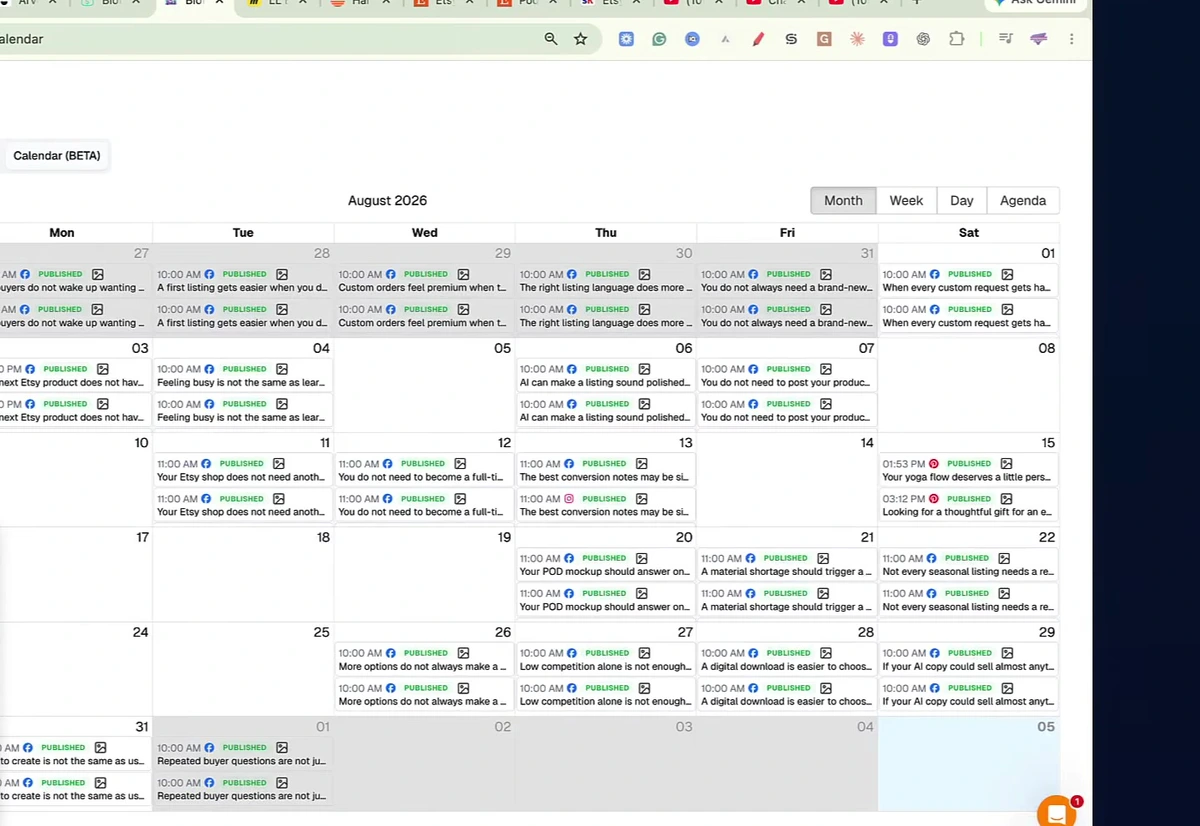 Blotato content calendar for August largely filled with scheduled social media posts across the month