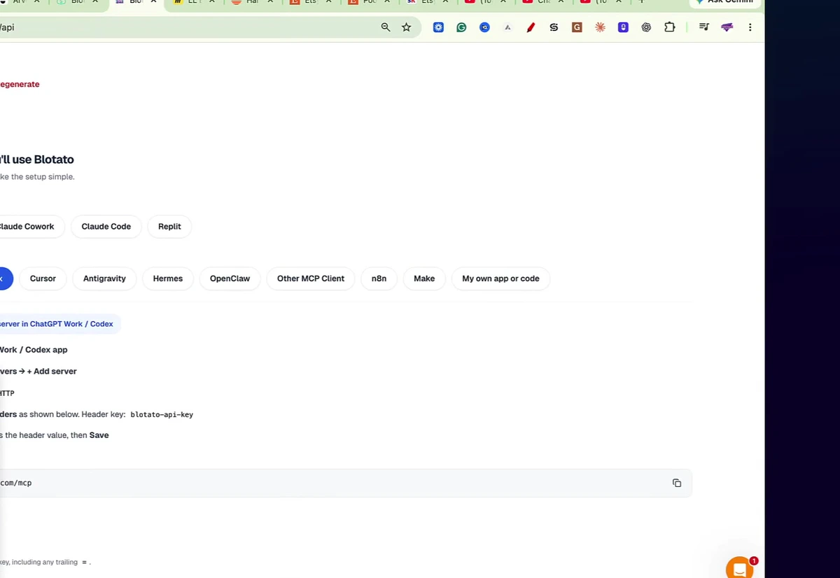 Blotato API key page with options for where the key will be used, including ChatGPT and Claude connections