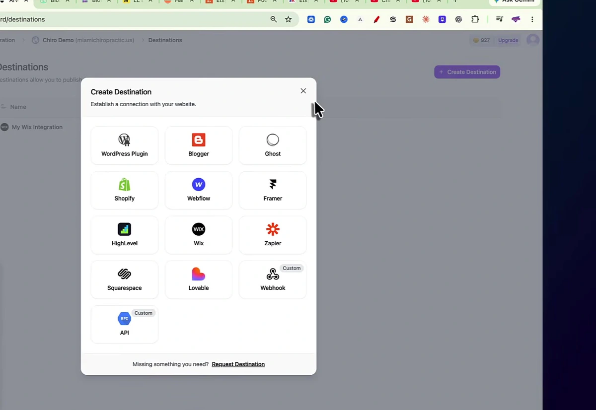 Arvow create destination modal showing website integrations including WordPress, Blogger, Ghost, Shopify, Webflow, Framer, Wix, Zapier, Squarespace, webhook and API options