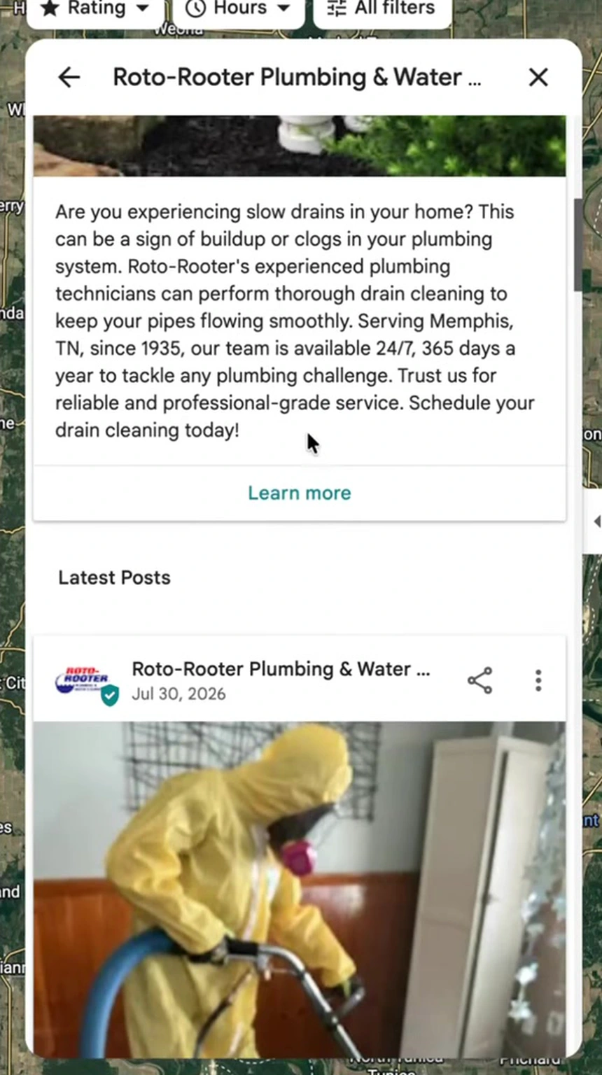 Roto-Rooter Google Business Profile showing a drain cleaning update post with a Learn more button and a Latest Posts section with a post dated July 30, 2026