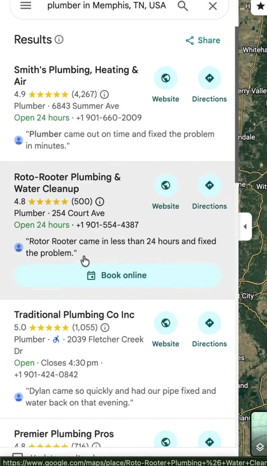 Google Maps results for plumber in Memphis TN showing Smith's Plumbing 4.9 stars with 4,267 reviews first, Roto-Rooter 4.8 stars with 500 reviews second with a Book online button, and Traditional Plumbing 5.0 stars with 1,055 reviews third