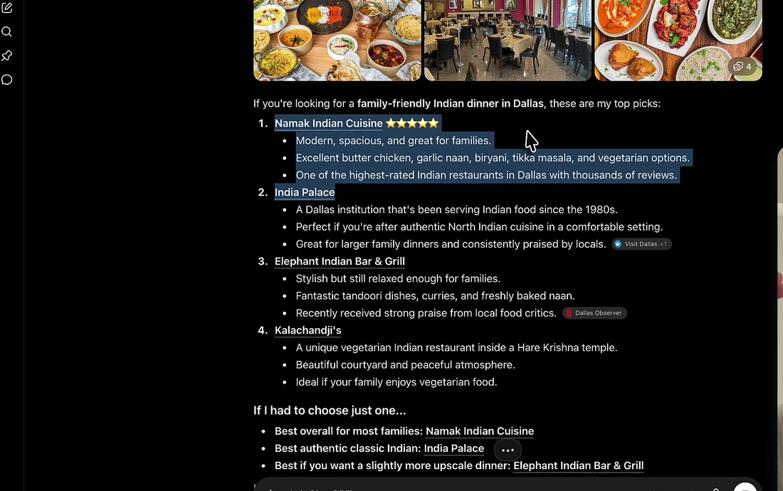 ChatGPT answering a request for family-friendly Indian dinner in Dallas with a ranked list of four named restaurants including Namak Indian Cuisine, India Palace, Elephant Indian Bar and Grill and Kalachandji's, each with bullet-point reasons