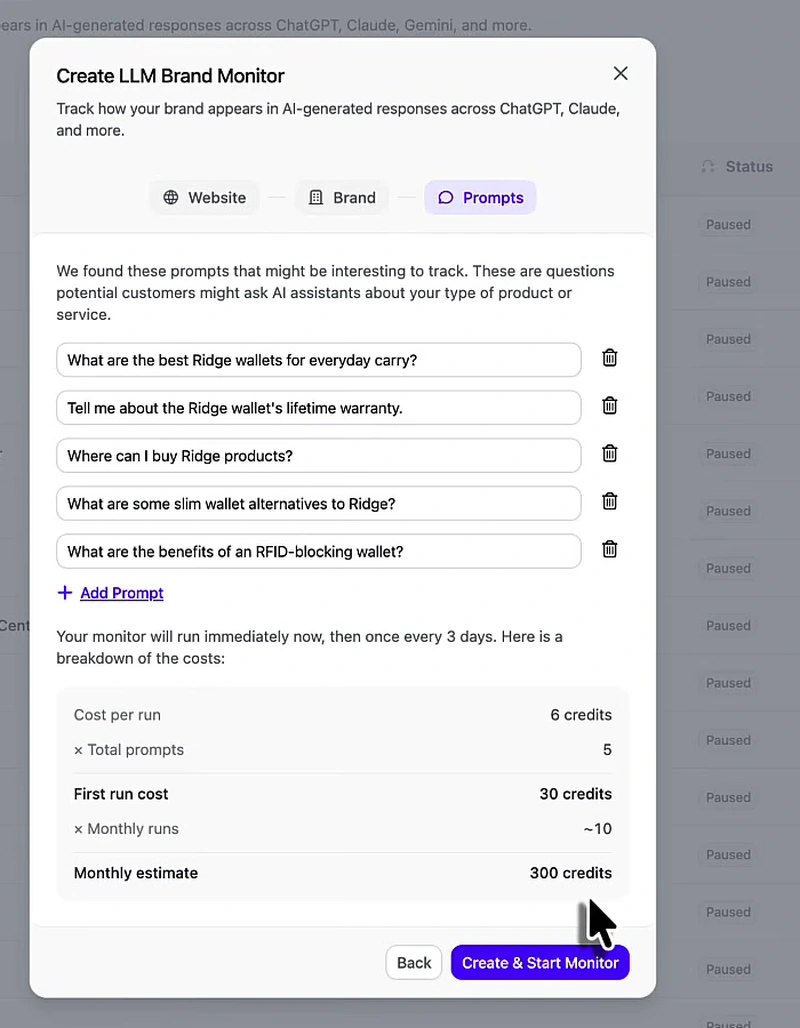 Create LLM Brand Monitor modal on the Prompts step showing five suggested prompts about Ridge wallets, an Add Prompt link, and a cost breakdown of 6 credits per run times 5 prompts, 30 credits first run, about 10 monthly runs, 300 credits monthly estimate