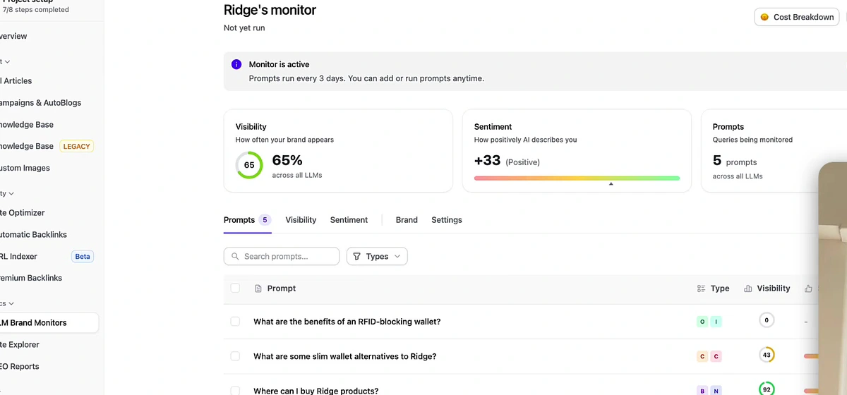 Ridge's monitor dashboard showing 65 percent visibility across all LLMs, sentiment of plus 33 positive, and 5 prompts being monitored, with a note that prompts run every 3 days