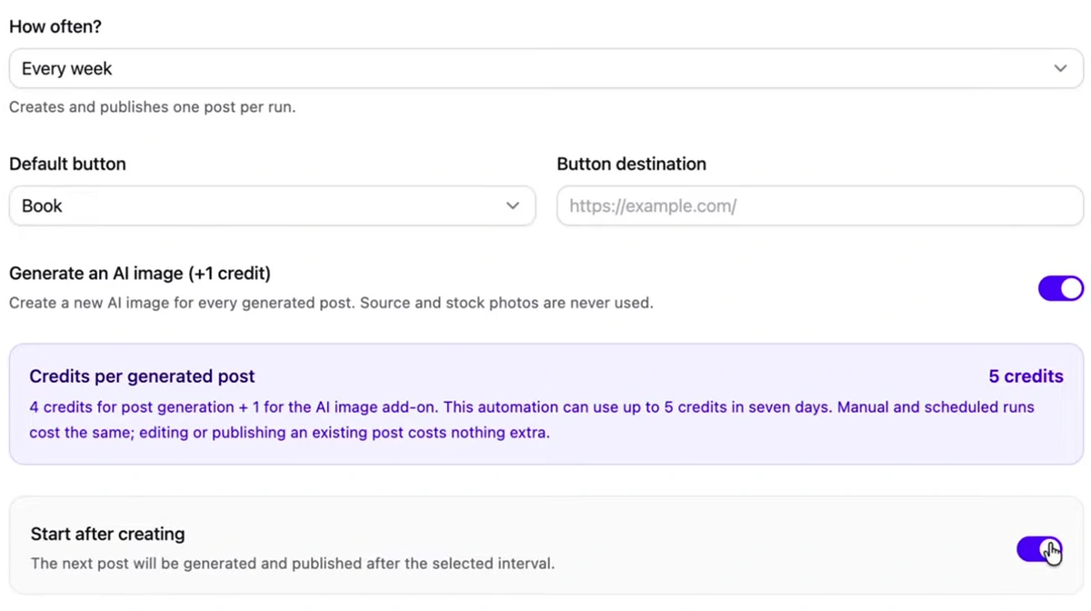 Schedule settings showing a weekly frequency, a default Book button with destination URL, an AI image toggle, a cost of 5 credits per generated post, and a start after creating toggle
