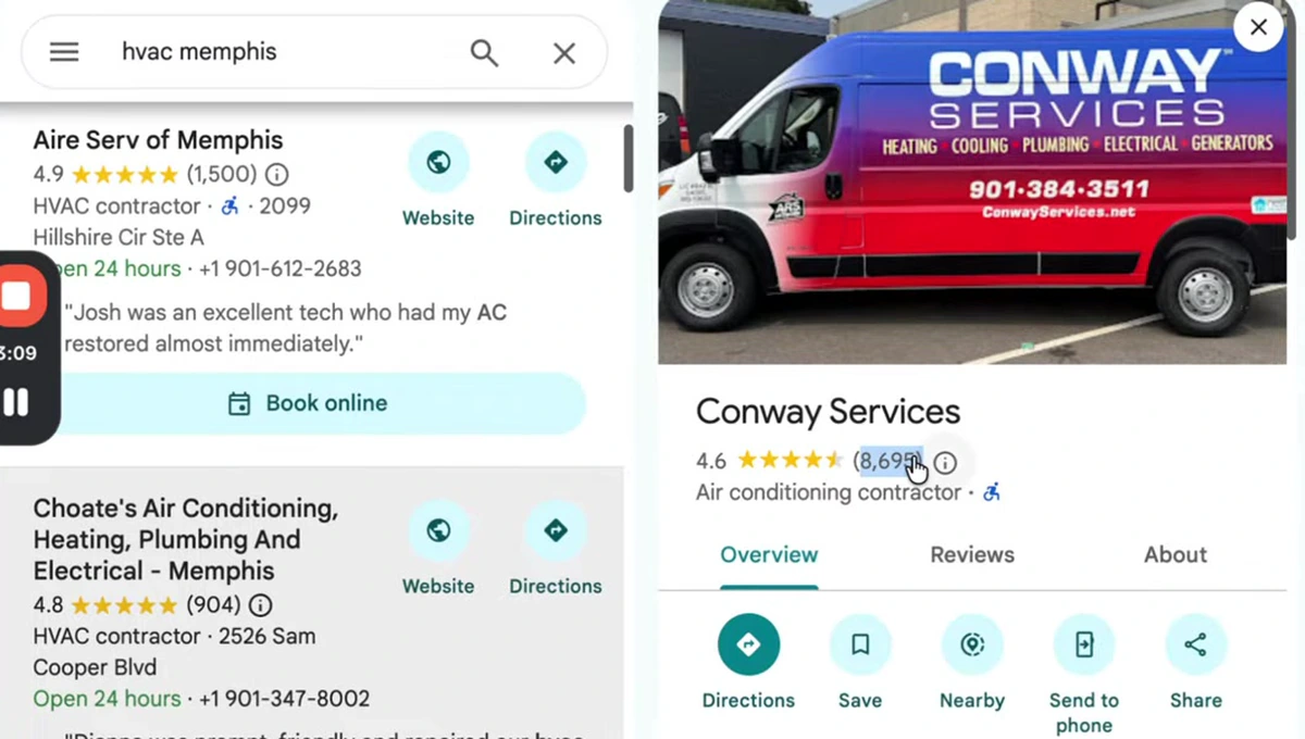Google Maps results for hvac memphis showing Aire Serv of Memphis rated 4.9 with 1,500 reviews listed first, Choate's rated 4.8 with 904 reviews second, and an open panel for Conway Services rated 4.6 with 8,695 reviews