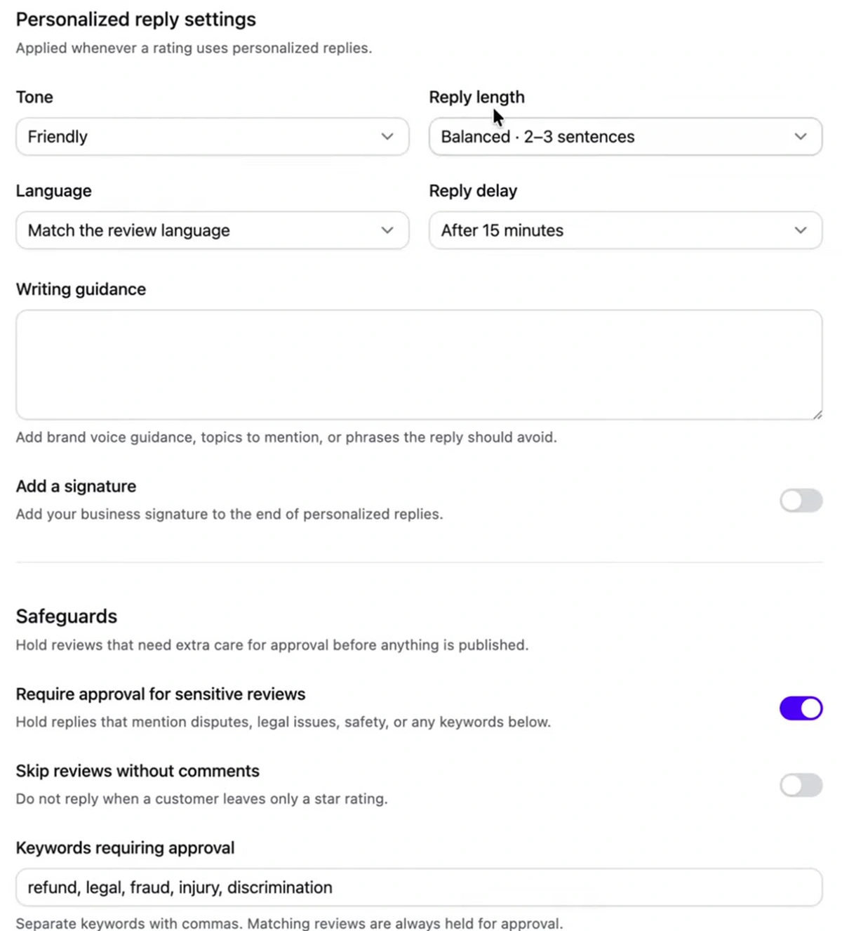 Personalized reply settings showing tone, reply length, language and reply delay, followed by safeguards including require approval for sensitive reviews and a keywords requiring approval field containing refund, legal, fraud, injury, discrimination