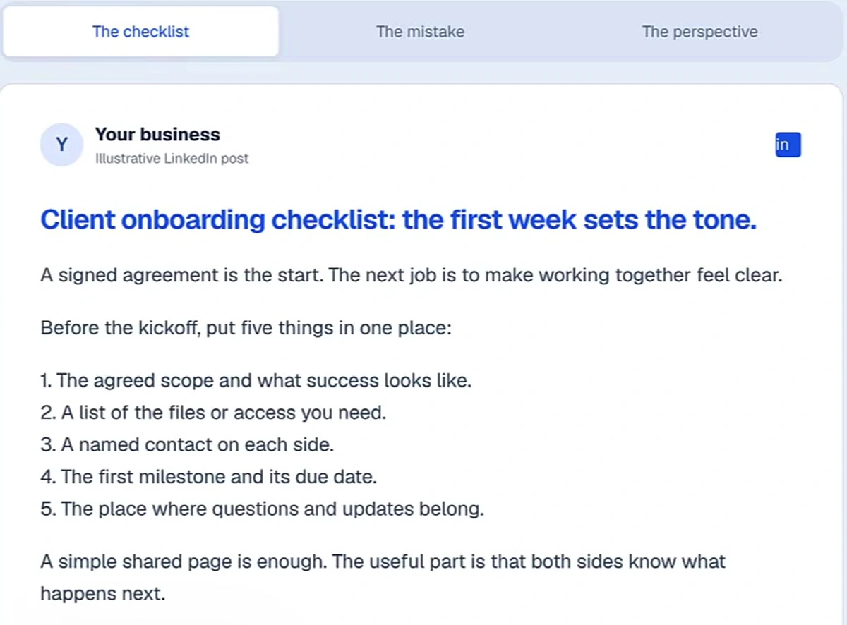 Illustrative LinkedIn post built from a blog article: Client onboarding checklist, the first week sets the tone, with a five-item numbered list