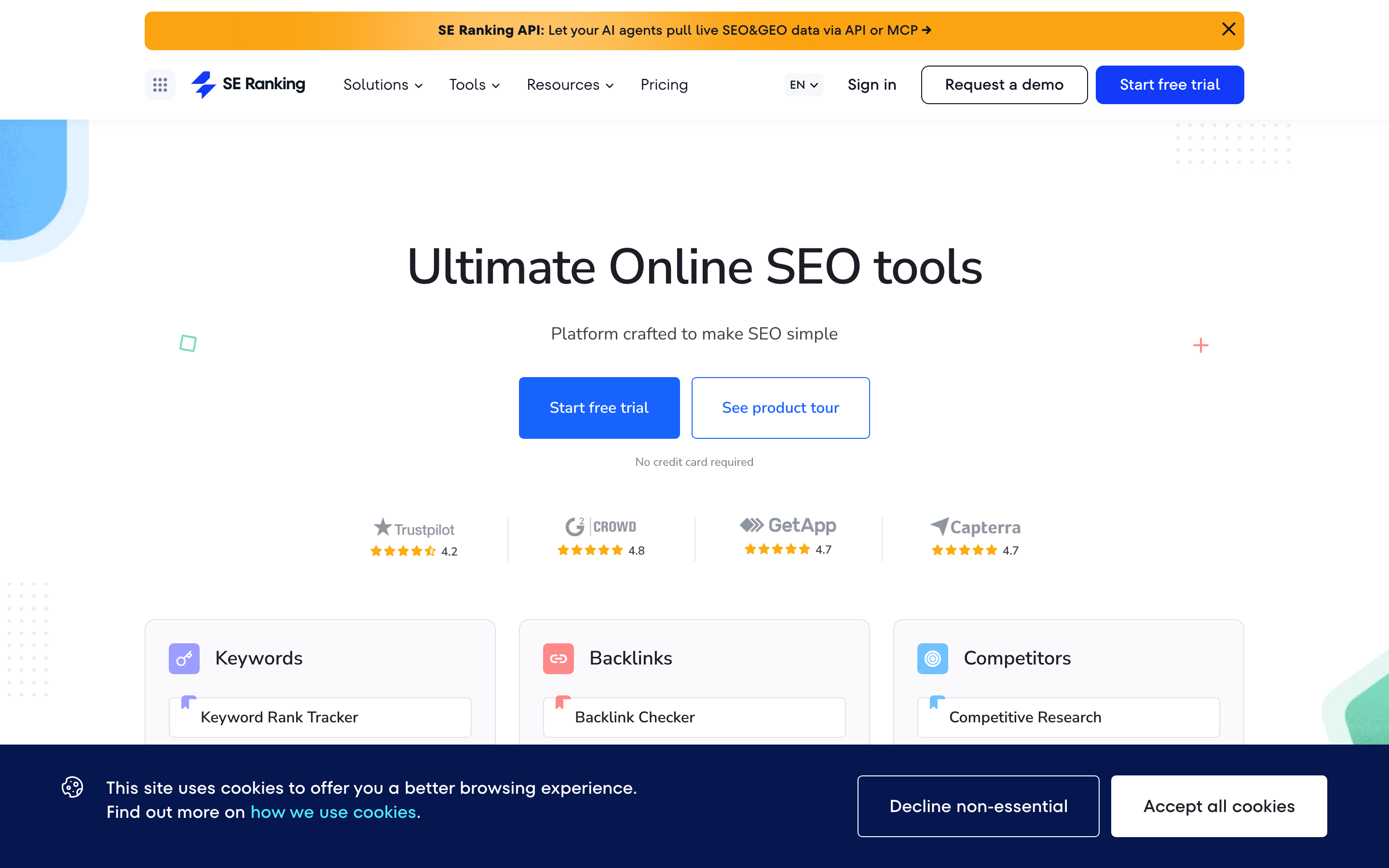 SE Ranking features overview showing site audit, backlinks, competitive research, and reporting workflows