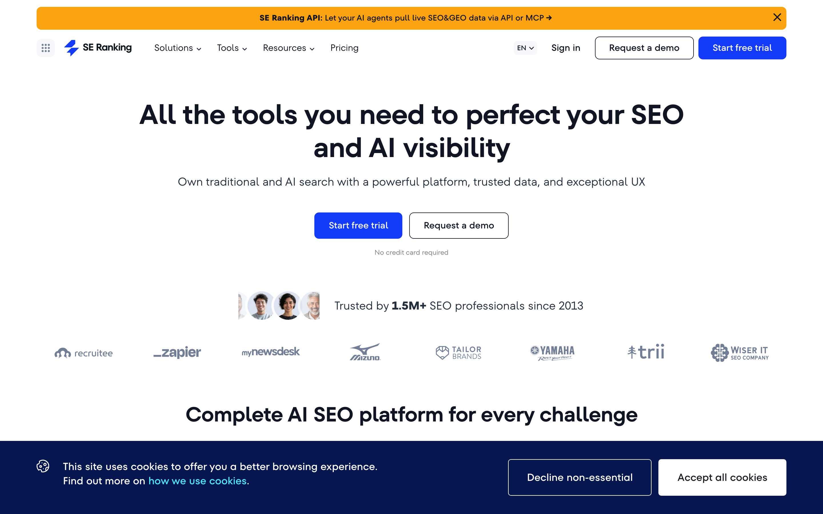 SE Ranking homepage showing keyword tracking and full-stack SEO platform value proposition