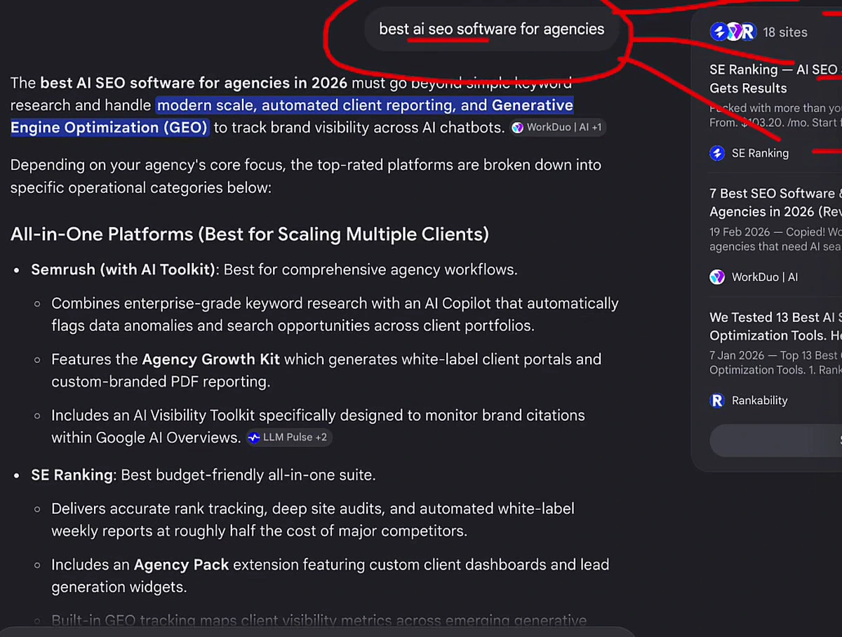 Google AI Mode answer for best ai seo software for agencies, naming Semrush and SE Ranking with feature breakdowns and an 18 sites source panel
