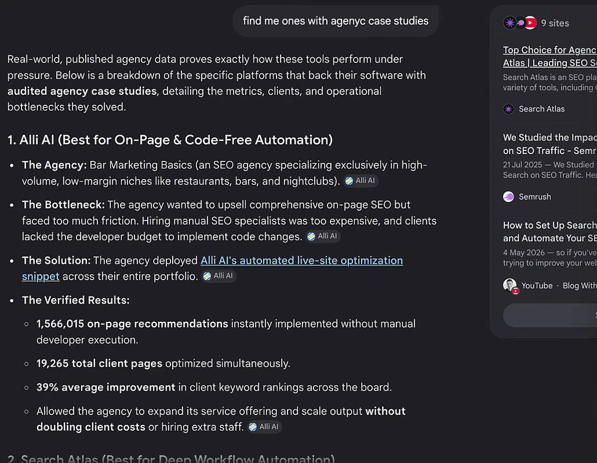 AI Mode follow-up query find me ones with agency case studies, returning audited case studies with specific metrics and a 9 sites source panel