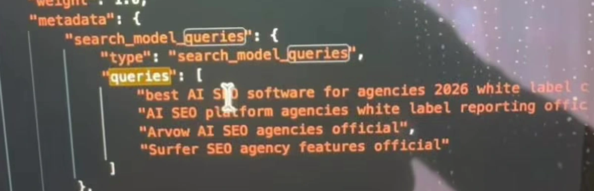 ChatGPT network response JSON showing a search_model_queries object containing four fan-out queries including Arvow AI SEO agencies official and Surfer SEO agency features official