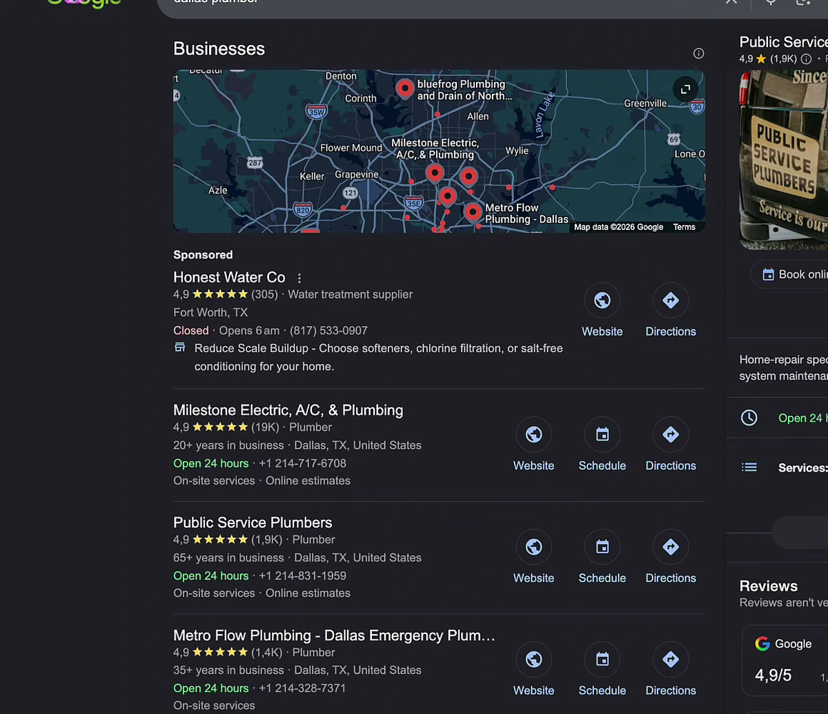 Google local pack for dallas plumber showing four businesses with ratings, hours, phone numbers, and Website, Schedule and Directions buttons