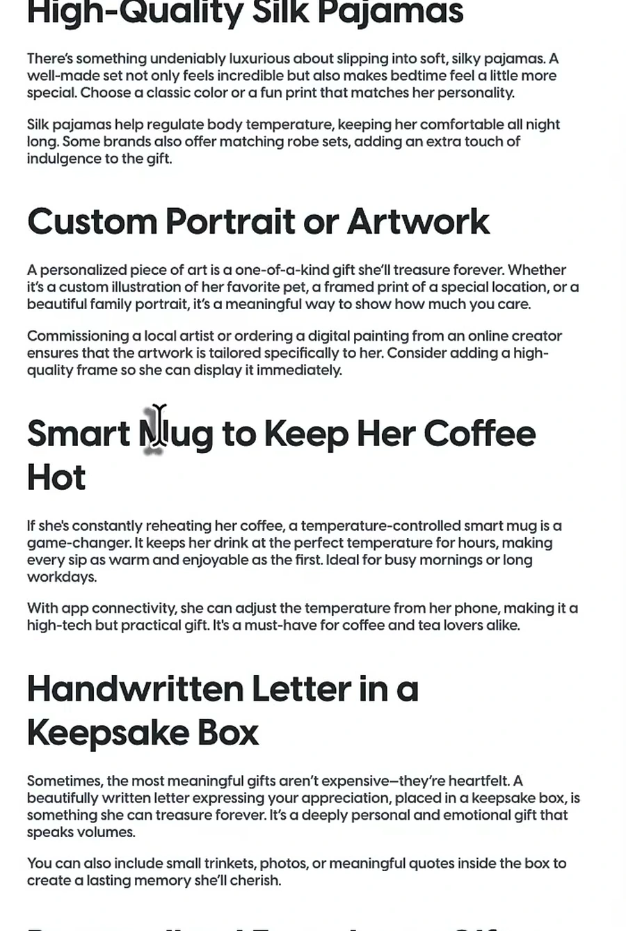 A plain gift ideas article with heading and two short paragraphs per item, no images, cited as a source by Google AI Mode