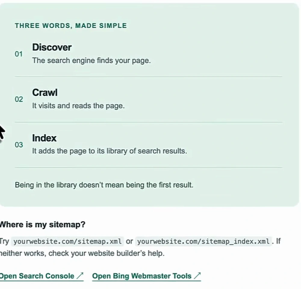 Three words made simple: Discover, Crawl, Index, with the note that being in the library does not mean being the first result, and the tip to try yourwebsite.com/sitemap.xml or sitemap_index.xml