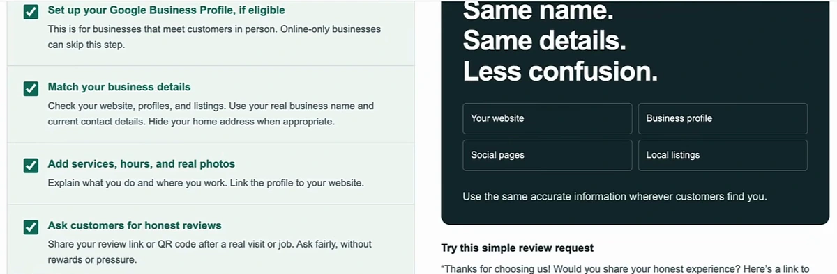 Week 2 checklist: set up Google Business Profile, match business details, add services hours and real photos, ask customers for honest reviews, next to the panel Same name, Same details, Less confusion
