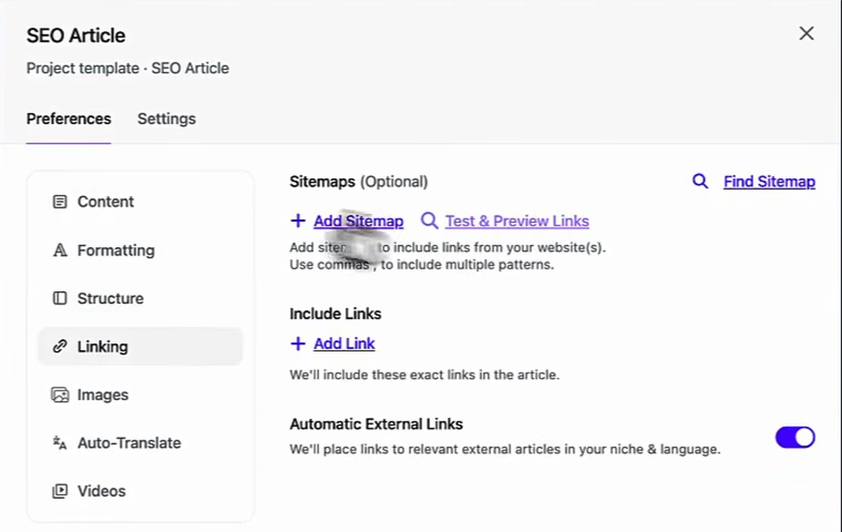 Arvow SEO Article template, Linking tab: Sitemaps (optional) with Add Sitemap and Test and Preview Links, Include Links, and Automatic External Links toggled on