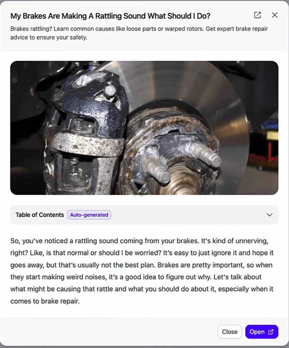 Arvow article preview titled My Brakes Are Making A Rattling Sound What Should I Do, with meta description, featured image, auto-generated table of contents and opening paragraph