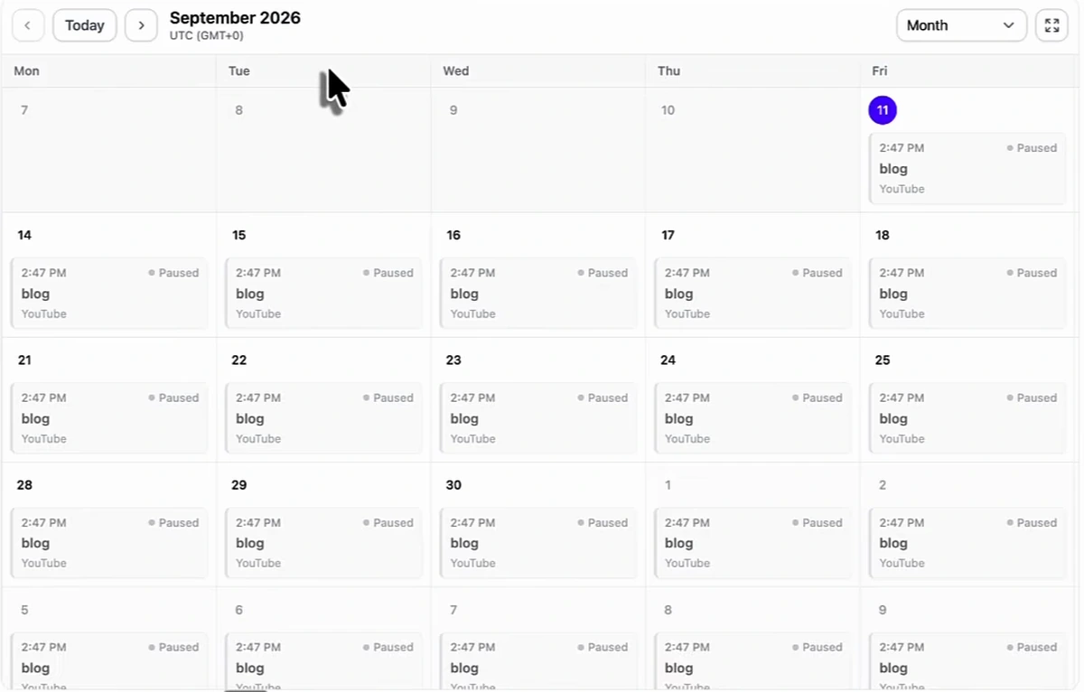 Arvow AutoBlog calendar for September 2026 with a blog article slot at 2:47 PM every weekday