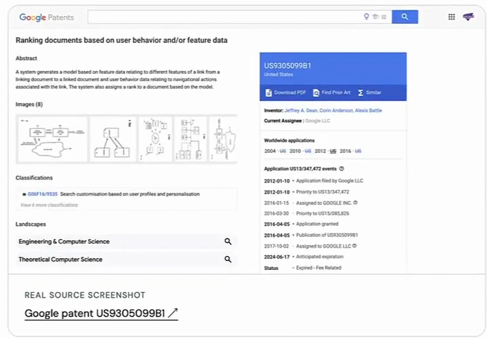 Google Patents page for US9305099B1, Ranking documents based on user behavior and/or feature data, inventors Jeffrey A. Dean, Corin Anderson, Alexis Battle, status expired