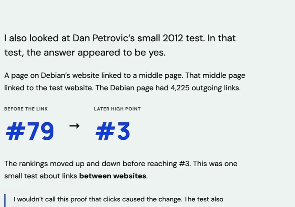 Dan Petrovic's 2012 test: a Debian page with 4,225 outgoing links linked to a middle page which linked to the test site; before the link #79, later high point #3; caveat that this is not proof clicks caused the change