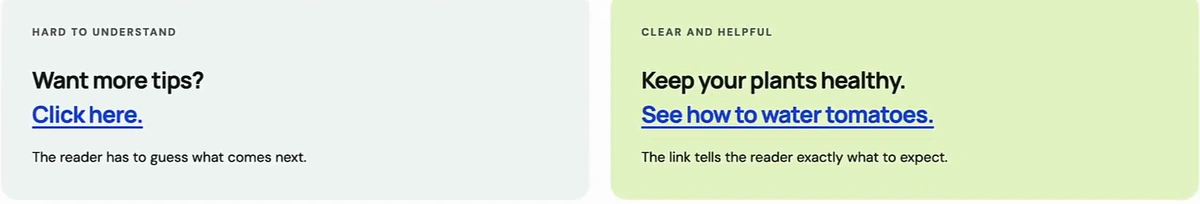Two example links side by side: Hard to understand — Want more tips? Click here; Clear and helpful — Keep your plants healthy. See how to water tomatoes