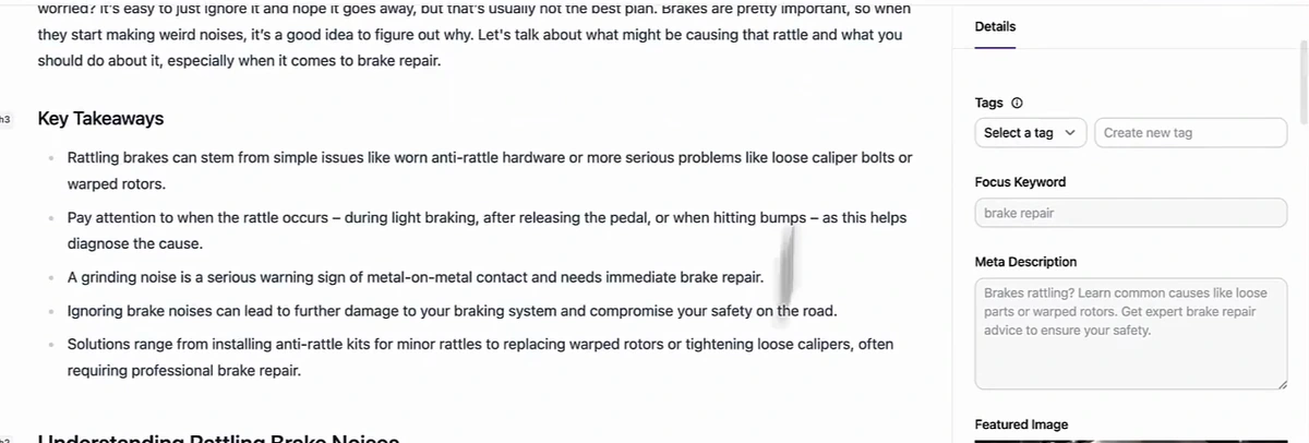Arvow article editor showing a generated brake-repair article with Key Takeaways, and the Details sidebar with tags, focus keyword brake repair, and meta description
