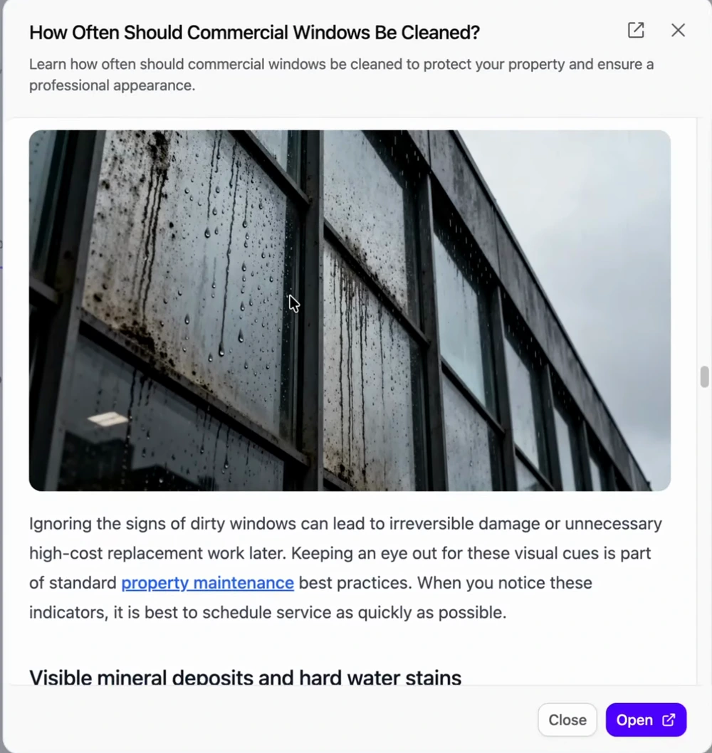Arvow article preview for How Often Should Commercial Windows Be Cleaned?, with a meta description line, a generated image of a rain-streaked glass facade, body copy with an internal link on property maintenance, and a subheading on visible mineral deposits and hard water stains
