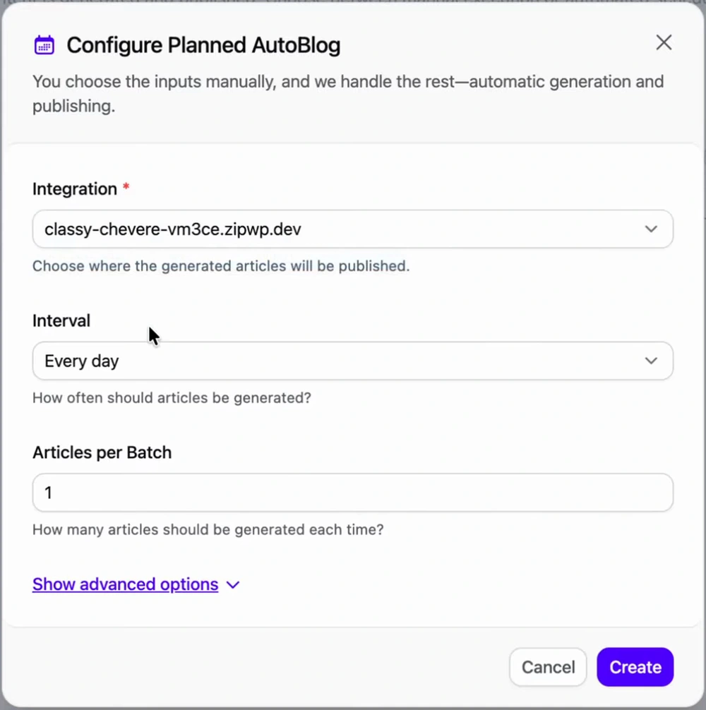 Arvow Configure Planned AutoBlog modal: Integration set to the connected WordPress site, Interval every day, Articles per Batch 1, with a Create button