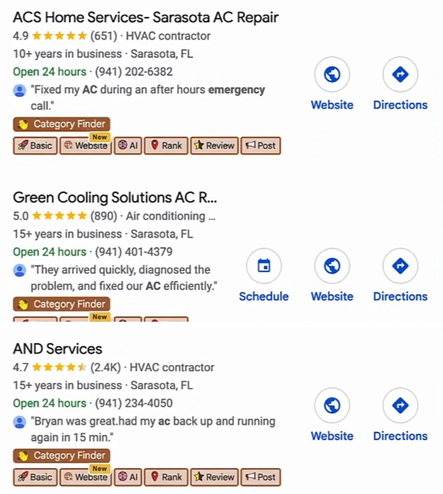Google map pack for emergency ac repair sarasota fl: ACS Home Services 4.9 stars (651 reviews), HVAC contractor, 10+ years in business, open 24 hours; Green Cooling Solutions 5.0 (890), 15+ years, open 24 hours; AND Services 4.7 (2.4K), HVAC contractor, 15+ years, open 24 hours