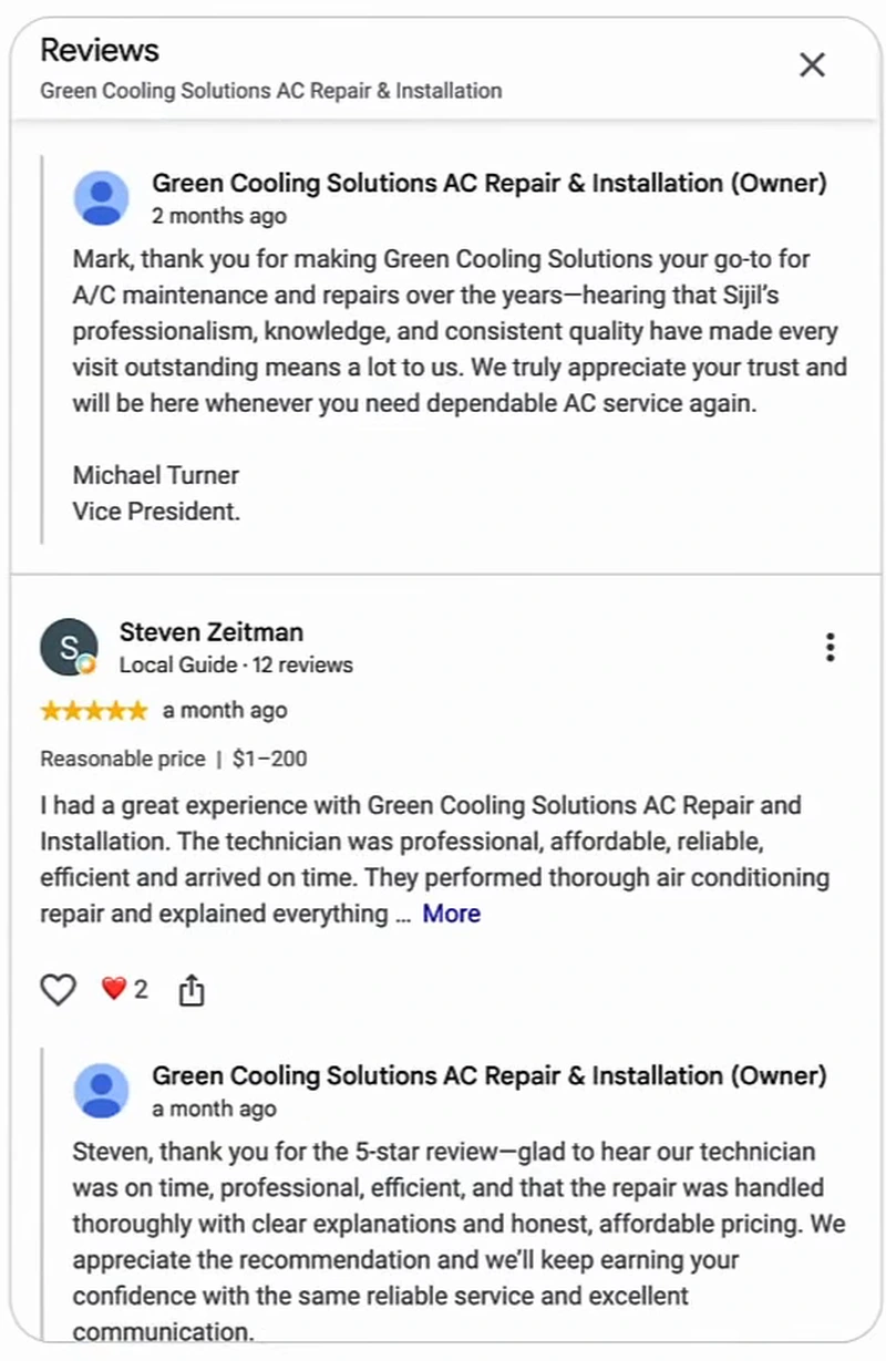 Reviews panel for Green Cooling Solutions AC Repair and Installation showing an owner reply thanking Mark for making them his go-to for A/C maintenance and repairs and naming the technician, followed by a five-star review mentioning thorough air conditioning repair and a second owner reply about the repair being handled thoroughly
