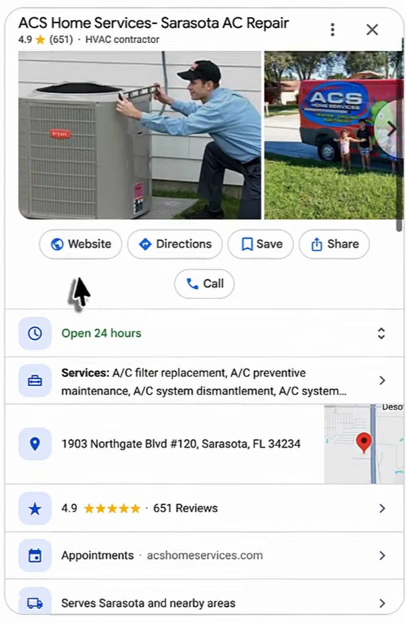 Google Business Profile card for ACS Home Services Sarasota AC Repair: photos, Website, Directions, Save, Share and Call buttons, Open 24 hours, Services list, address at 1903 Northgate Blvd, 4.9 stars with 651 reviews, appointments link, serves Sarasota and nearby areas