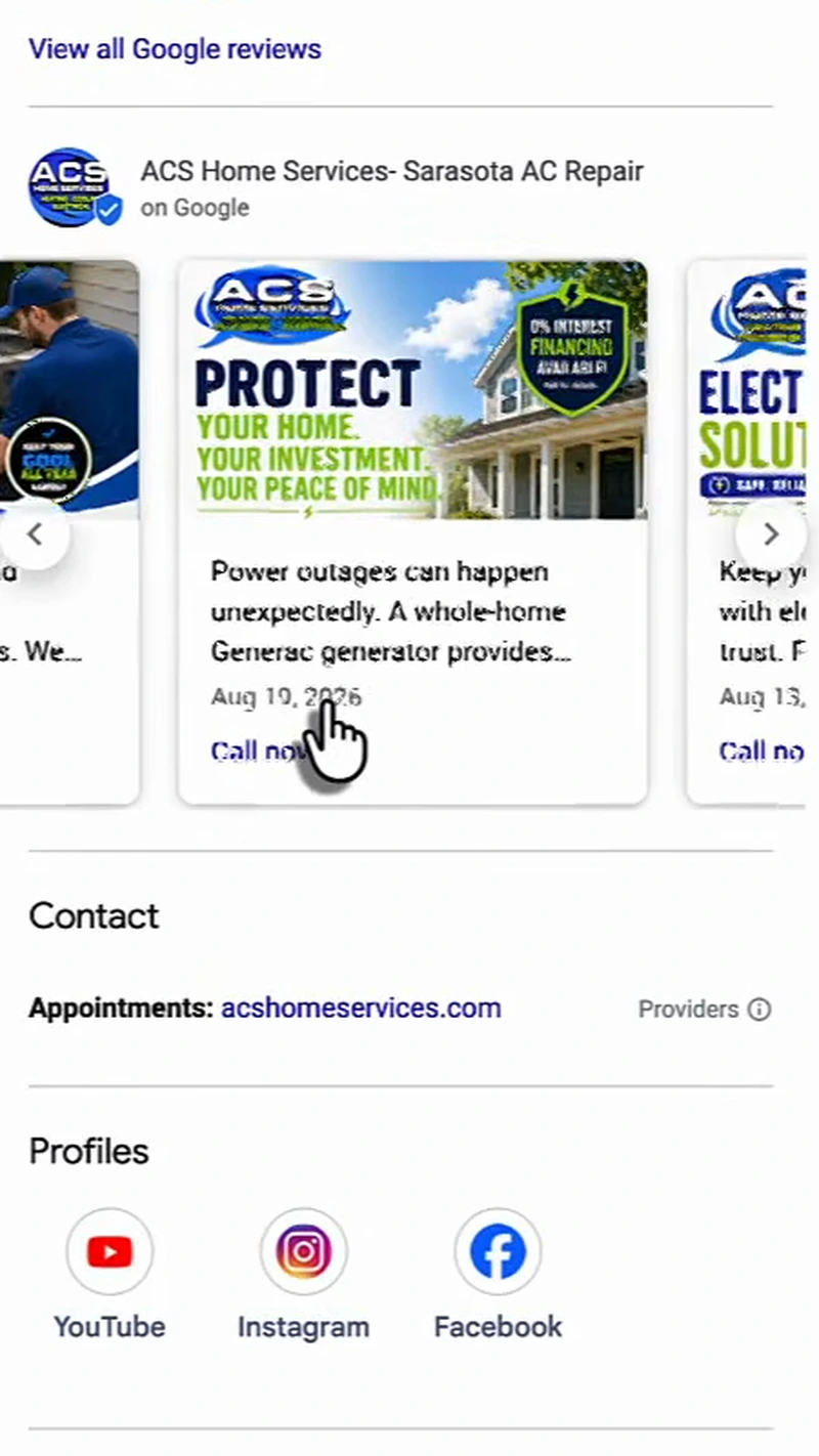 ACS Home Services on Google: a carousel of recent posts including one titled Protect your home, your investment, your peace of mind about power outages and whole-home generators dated August 2026, a Contact section with appointments link, and Profiles linking YouTube, Instagram and Facebook
