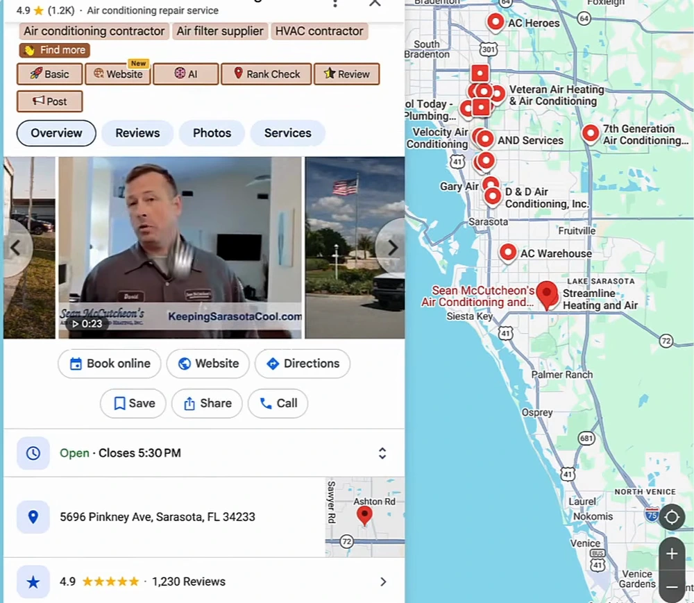 Google Business Profile for the fourth-ranked company: video thumbnails, Book online, Website, Directions, Save, Share, Call, Open until 5:30 PM, address in Sarasota, 4.9 stars with 1,230 reviews, with the map pack listing to the left