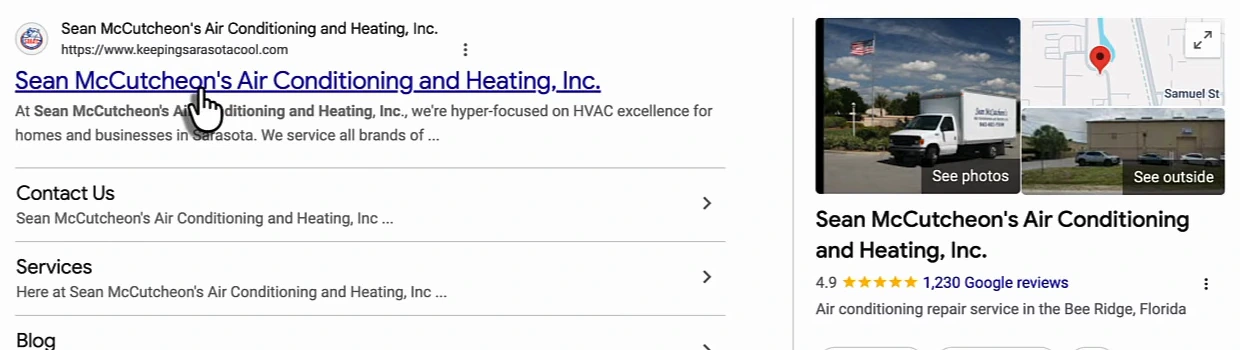 Google search result for the fourth-ranked company's website: the page title is Sean McCutcheon's Air Conditioning and Heating, Inc., shown as the site name and again as the title, with the knowledge panel showing 4.9 stars and 1,230 Google reviews